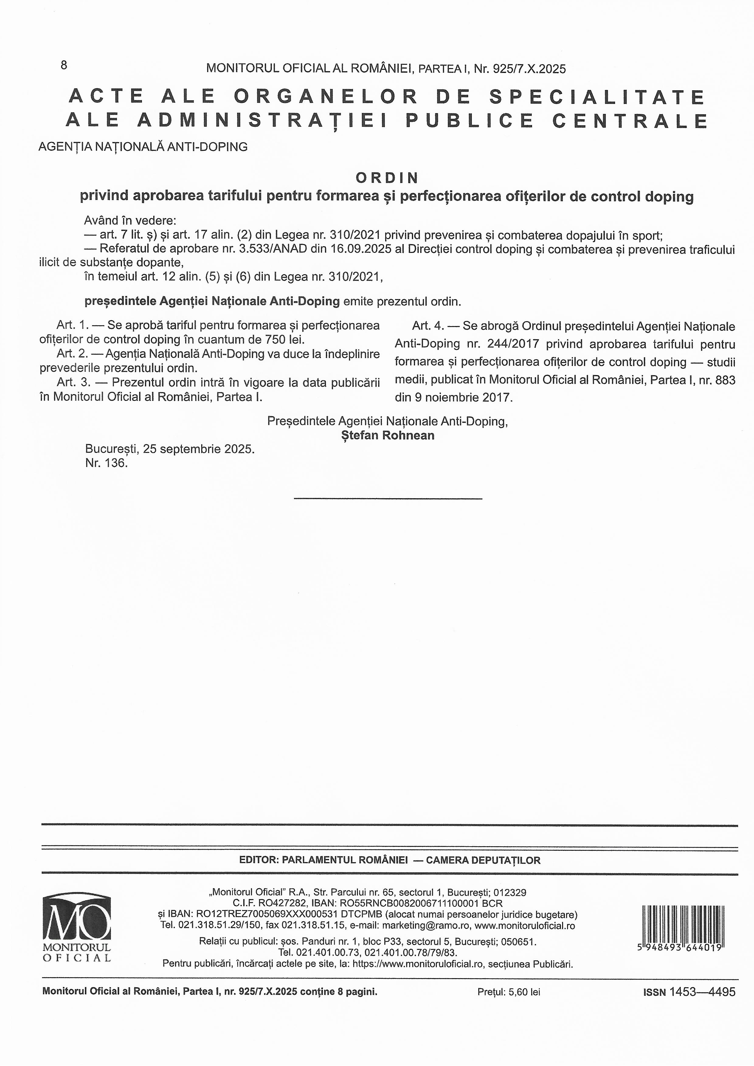 OPANAD nr. 136 2025 MOF